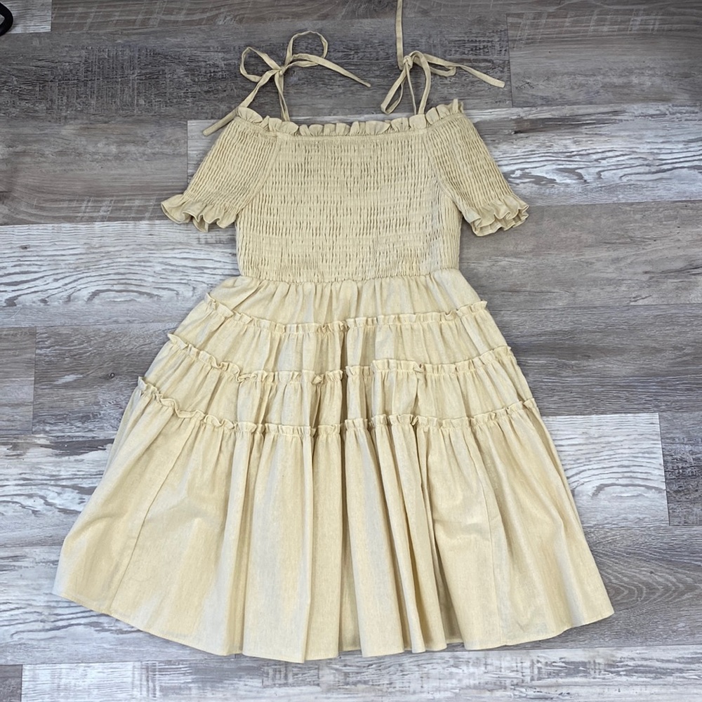 Smocked Bodice Off The Shoulder Dress- Mable. Multiple Sizes Available. Taupe.